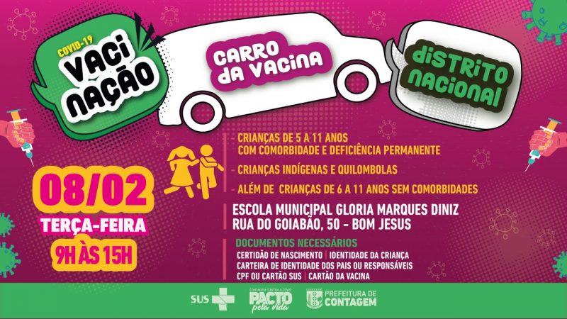 Carro da Vacina estará amanhã (8/2) na Escola Glória Marques Diniz para vacinação de crianças a partir de 6 anos