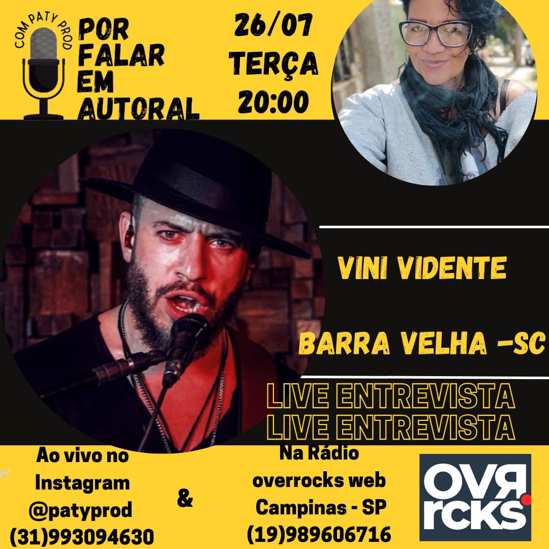 O Músico Autoral VINI VIDENTE, lança amanhã 17/07 seu disco SONHOS QUE UM DIA SONHEI e no dia 26/07 com Paty Prod no POR FALAR EM AUTORAL