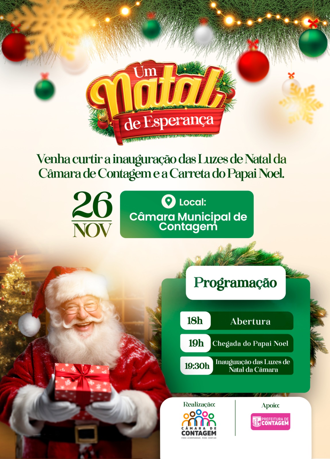 Câmara de Contagem já está em clima de Natal e recebe o Papai Noel para inauguração das luzes de Natal no próximo domingo (26)