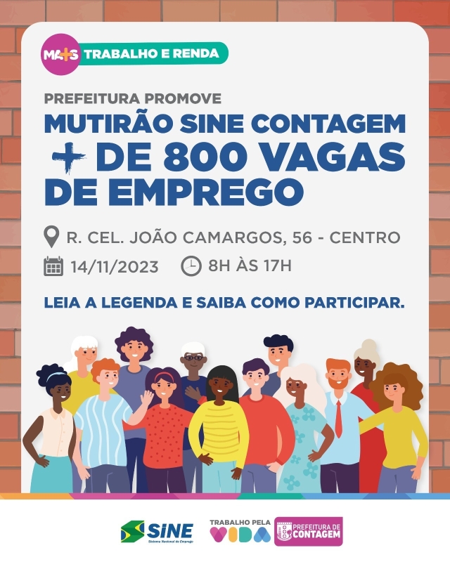 “Mutirão de Empregos”, presencial, no Sine Contagem, terça (14/11), das 8h às 17h.