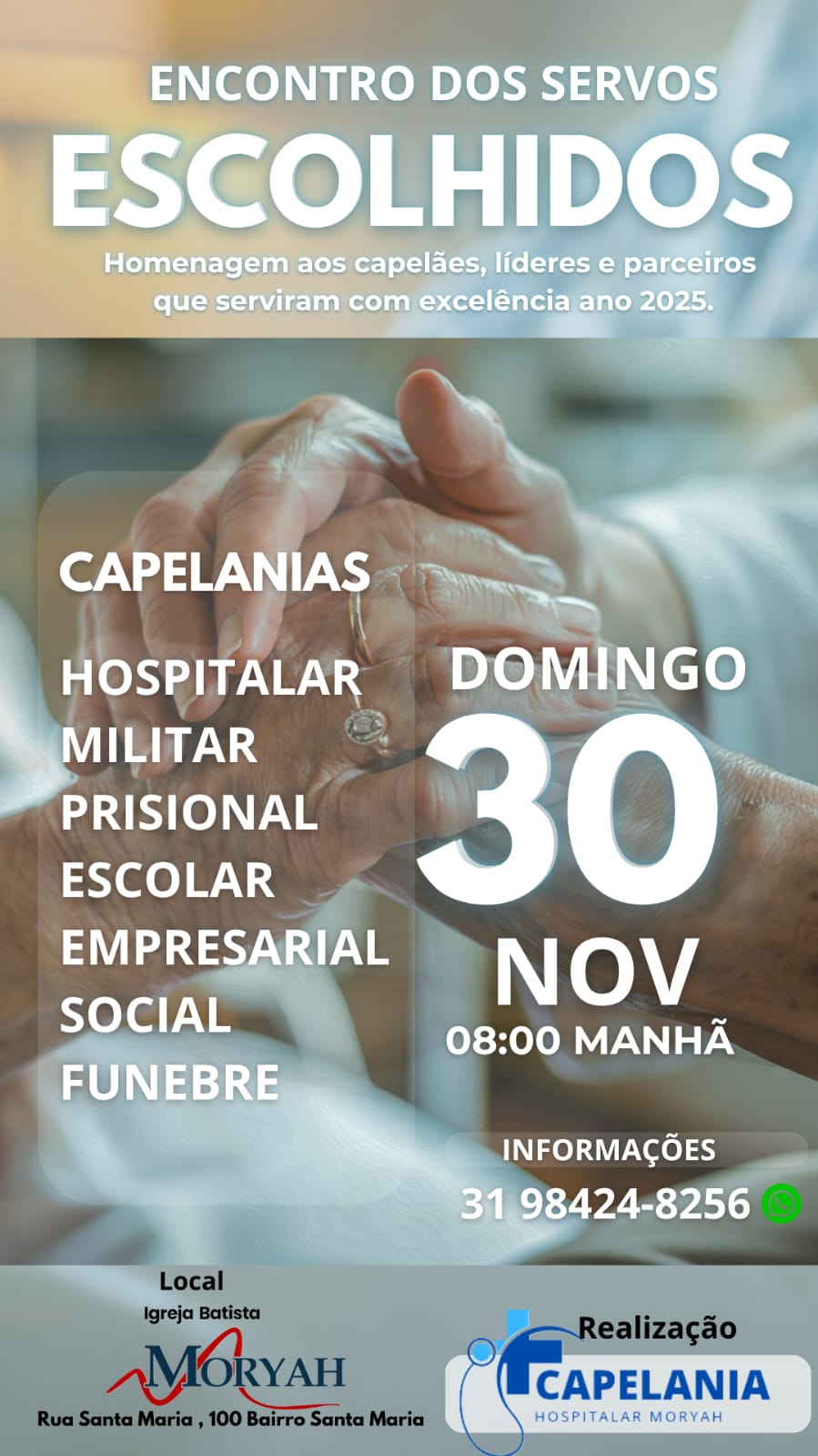 Capelania Moryah realizará a Celebração Anual no dia 30 de novembro