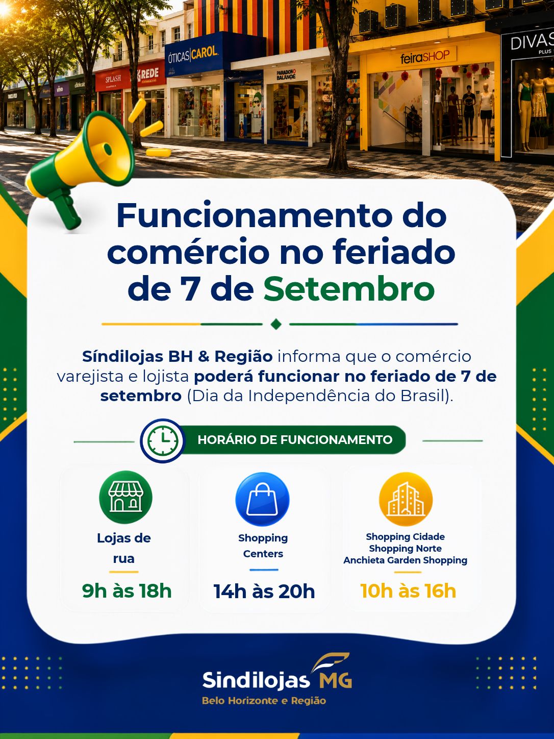 Feriado de 7 de setembro: SindLojas BH & Região orienta empresários sobre funcionamento do comércio